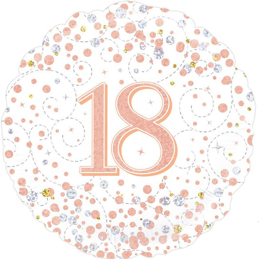 A Rose Gold On White Holographic 18" Round Foil Balloon For An 18th Birthday