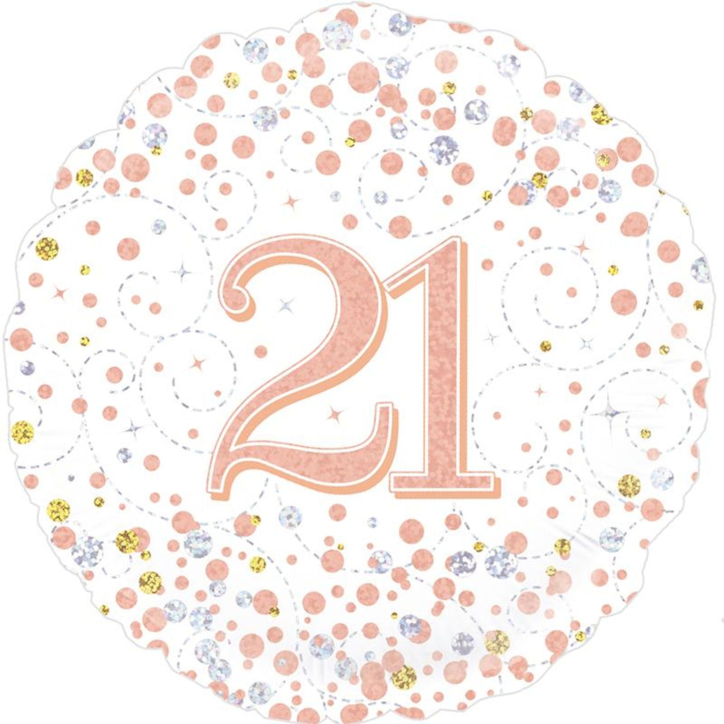 A Rose Gold On White Holographic 18" Round Foil Balloon For A 21st Birthday