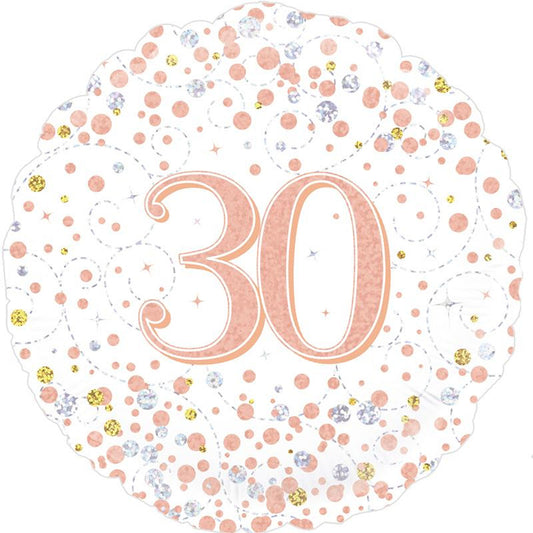 A Rose Gold On White Holographic 18" Round Foil Balloon For A 30th Birthday