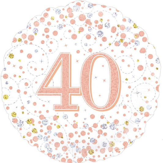 A Rose Gold On White Holographic 18" Round Foil Balloon For A 40th Birthday