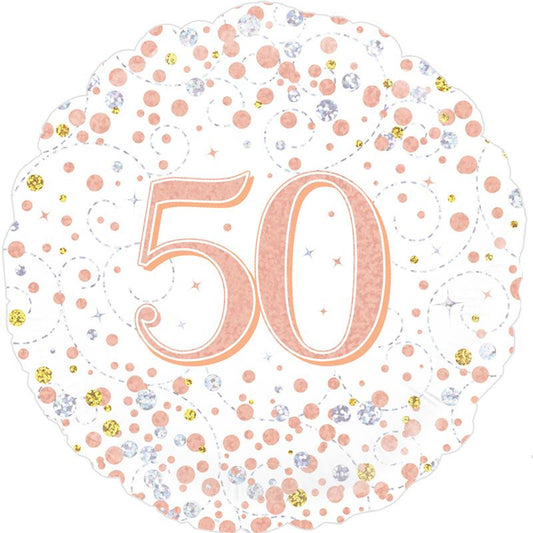 A Rose Gold On White Holographic 18" Round Foil Balloon For A 50th Birthday