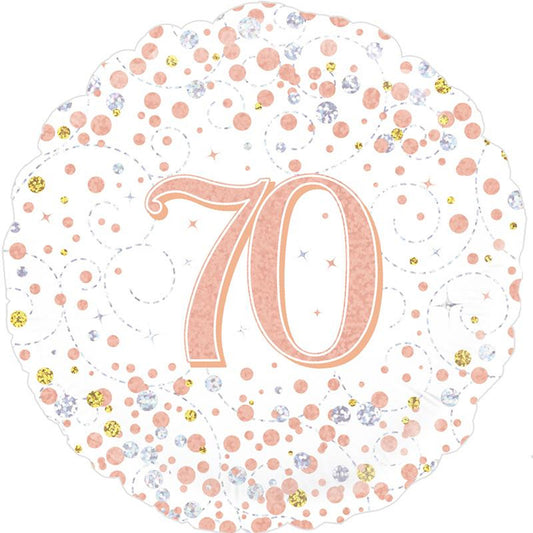 A Rose Gold On White Holographic 18" Round Foil Balloon For A 70th Birthday