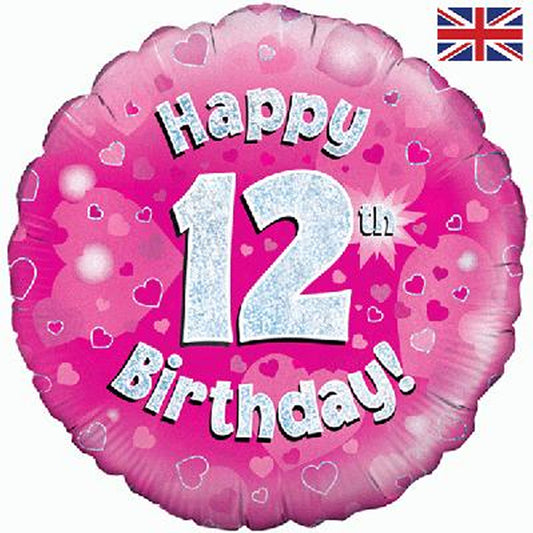 12th Birthday Holographic Foil Balloon In Pink