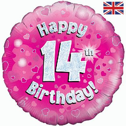 14th Birthday Holographic Foil Balloon In Pink