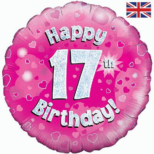 17th Birthday Holographic Foil Balloon In Pink