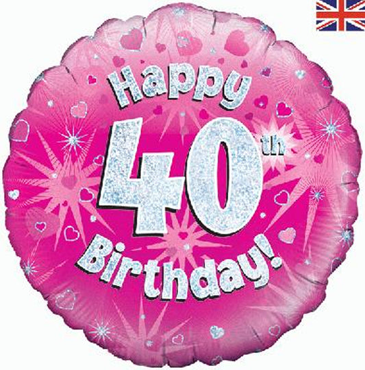 40th Birthday Holographic Foil Balloon In Pink