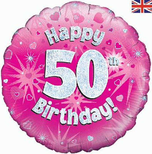 50th Birthday Holographic Foil Balloon In Pink