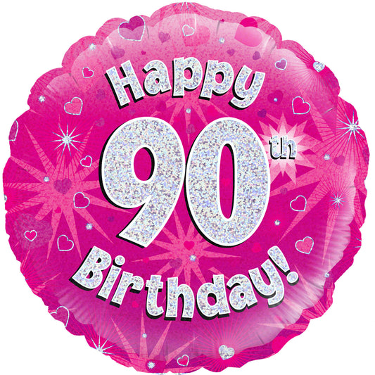90th Birthday Holographic Foil Balloon In Pink
