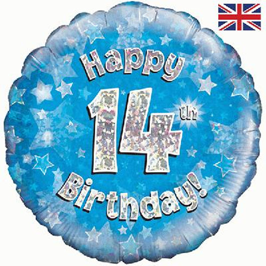 14th Birthday Holographic Foil Balloon In Blue
