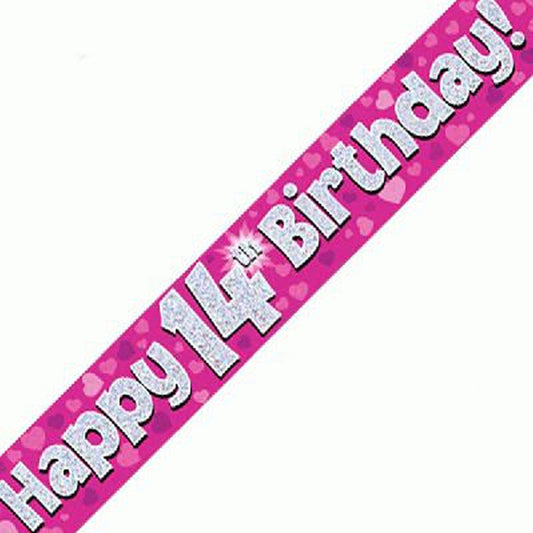 Pink & Silver Holographic Birthday Banner For A 14th Birthday