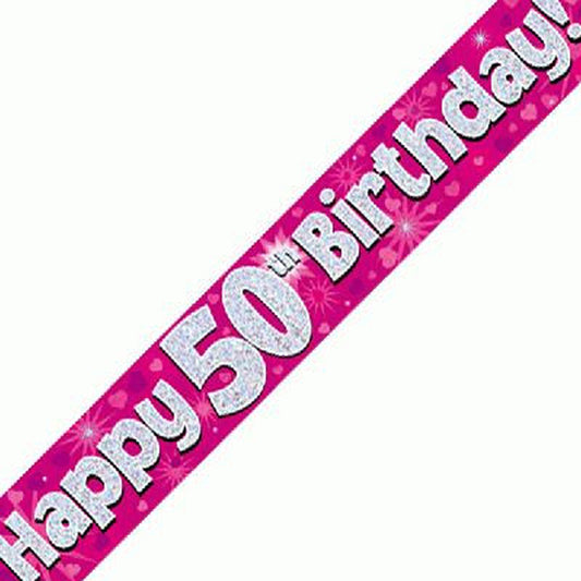 Pink & Silver Holographic Birthday Banner For A 50th Birthday