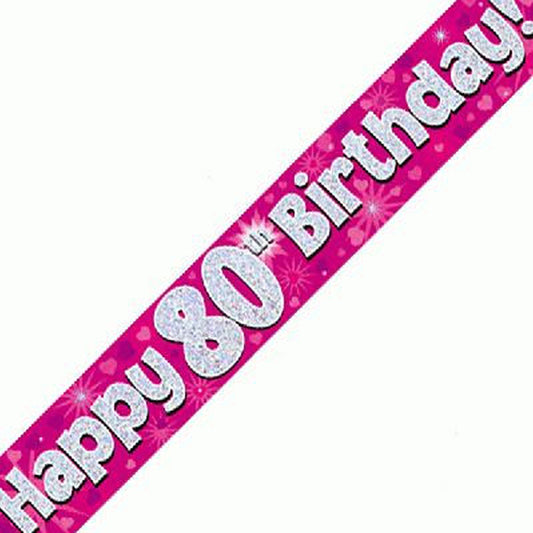 Pink & Silver Holographic Birthday Banner For A 80th Birthday