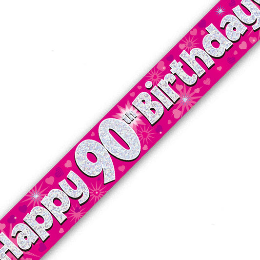 Pink & Silver Holographic Birthday Banner For A 90th Birthday