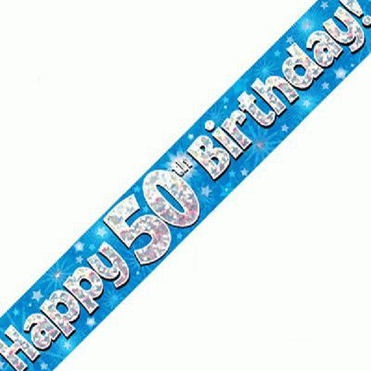 Blue & Silver Holographic Birthday Banner For A 50th Birthday
