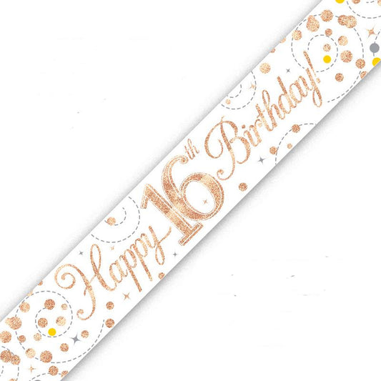 Rose Gold On White Holographic Birthday Banner For A 16th Birthday