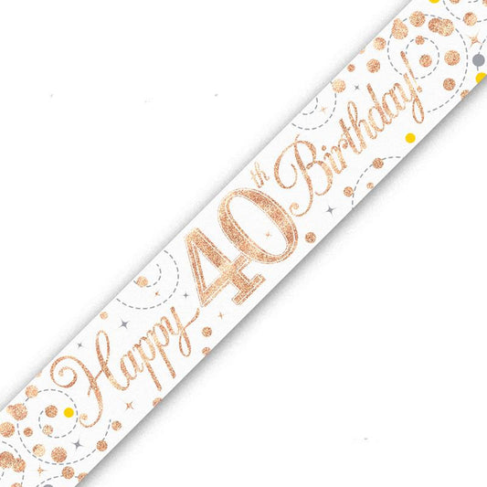 Rose Gold On White Holographic Birthday Banner For A 40th Birthday