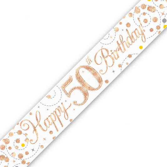 Rose Gold On White Holographic Birthday Banner For A 50th Birthday