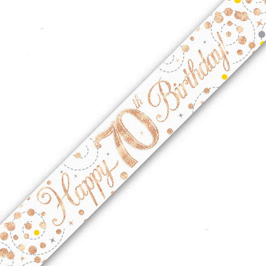 Rose Gold On White Holographic Birthday Banner For A 70th Birthday
