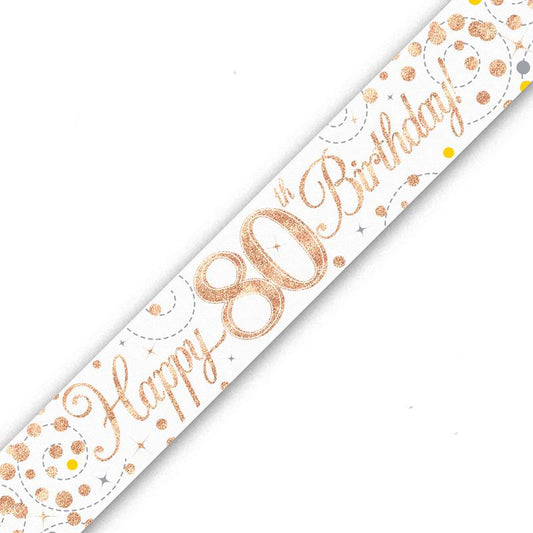 Rose Gold On White Holographic Birthday Banner For An 80th Birthday