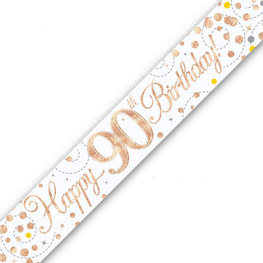 Rose Gold On White Holographic Birthday Banner For A 90th Birthday