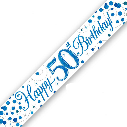 Blue On White Holographic Birthday Banner For A 50th Birthday