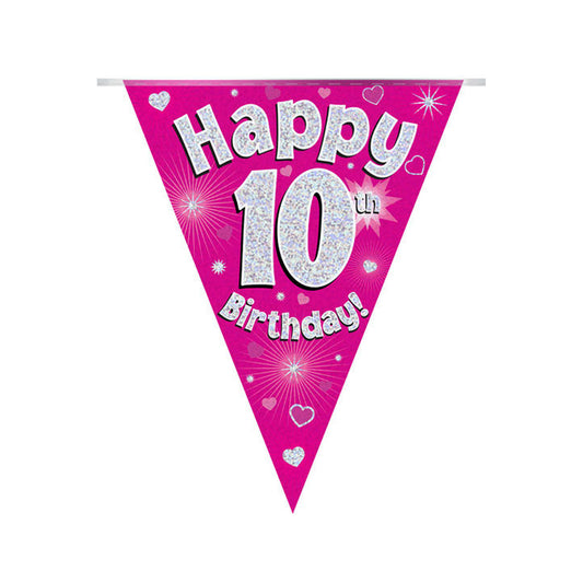 Pink & Silver Holographic Birthday Flag Bunting For A 10th Birthday