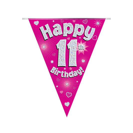 Pink & Silver Holographic Birthday Flag Bunting For An 11th Birthday