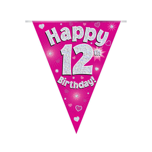 Pink & Silver Holographic Birthday Flag Bunting For A 12th Birthday