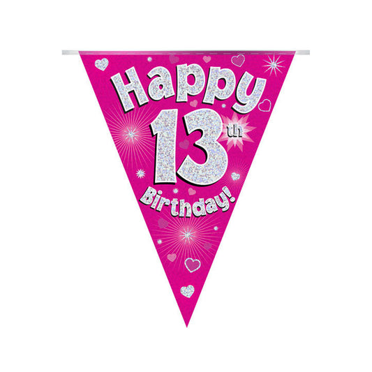 Pink & Silver Holographic Birthday Flag Bunting For A 13th Birthday