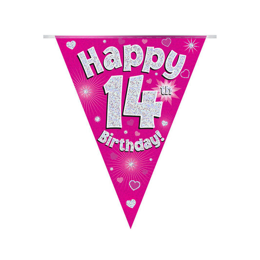 Pink & Silver Holographic Birthday Flag Bunting For A 14th Birthday