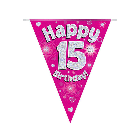 Pink & Silver Holographic Birthday Flag Bunting For A 15th Birthday