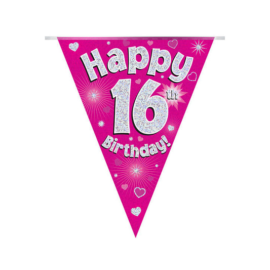 Pink & Silver Holographic Birthday Flag Bunting For A 16th Birthday