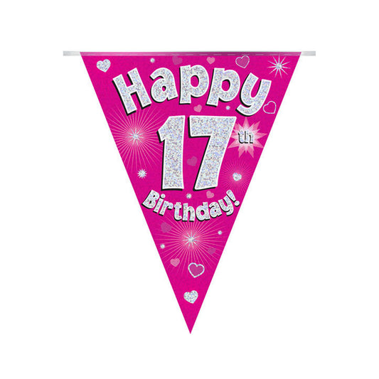 Pink & Silver Holographic Birthday Flag Bunting For A 17th Birthday