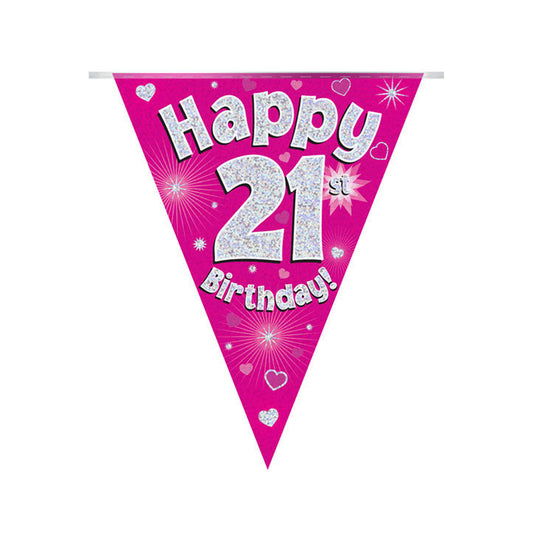 Pink & Silver Holographic Birthday Flag Bunting For A 21st Birthday