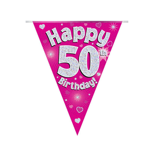 Pink & Silver Holographic Birthday Flag Bunting For A 50th Birthday