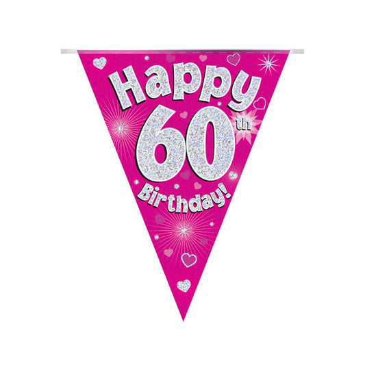 Pink & Silver Holographic Birthday Flag Bunting For A 60th Birthday