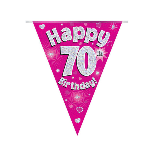 Pink & Silver Holographic Birthday Flag Bunting For A 70th Birthday