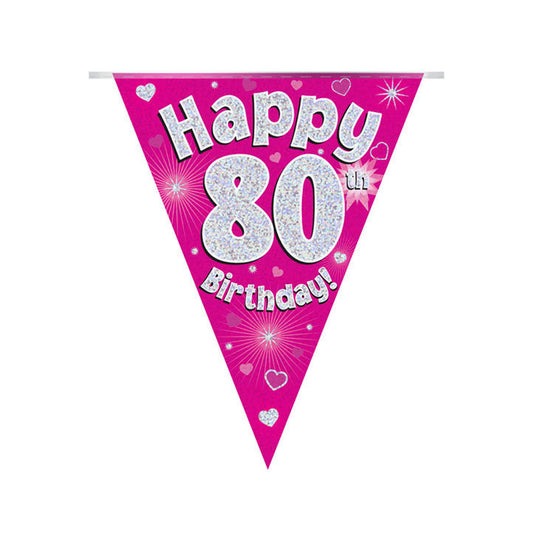 Pink & Silver Holographic Birthday Flag Bunting For A 80th Birthday