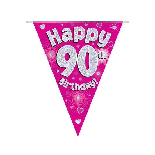 Pink & Silver Holographic Birthday Flag Bunting For A 90th Birthday