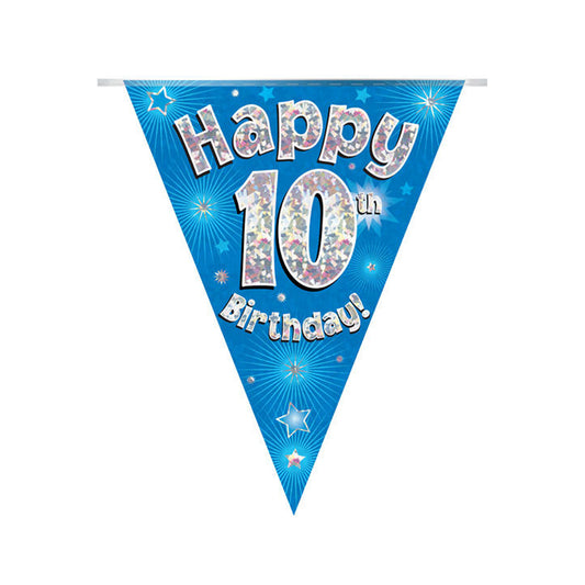 Blue & Silver Holographic Birthday Flag Bunting For A 10th Birthday