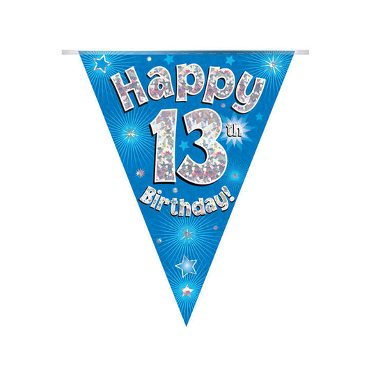 Blue & Silver Holographic Birthday Flag Bunting For A 13th Birthday