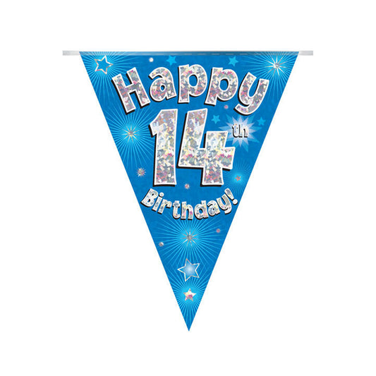 Blue & Silver Holographic Birthday Flag Bunting For A 14th Birthday