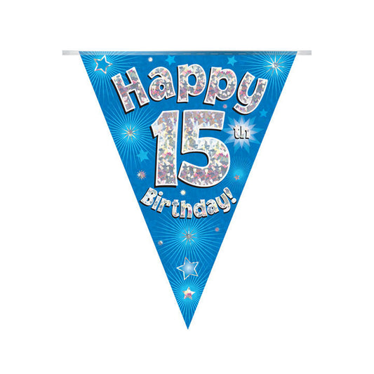 Blue & Silver Holographic Birthday Flag Bunting For A 15th Birthday