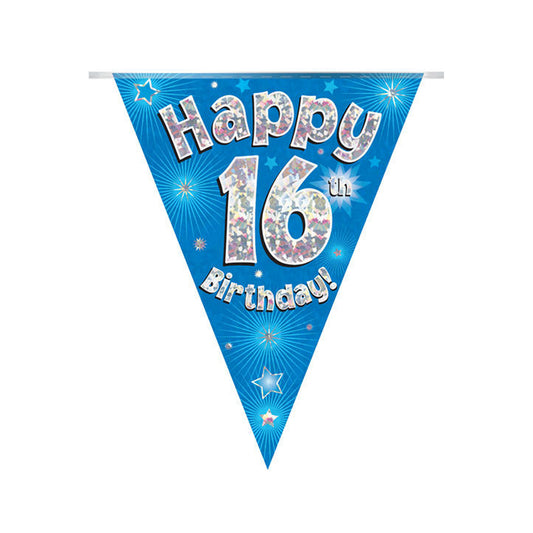 Blue & Silver Holographic Birthday Flag Bunting For A 16th Birthday