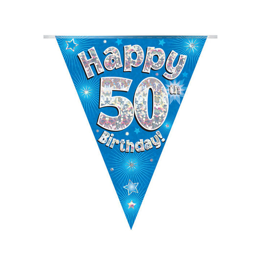 Blue & Silver Holographic Birthday Flag Bunting For A 50th Birthday
