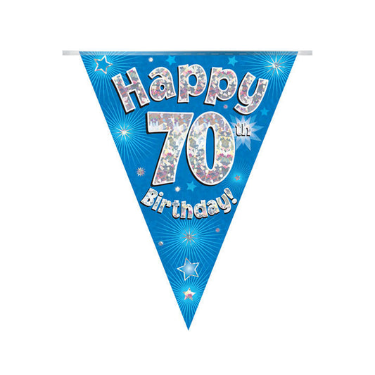 Blue & Silver Holographic Birthday Flag Bunting For A 70th Birthday