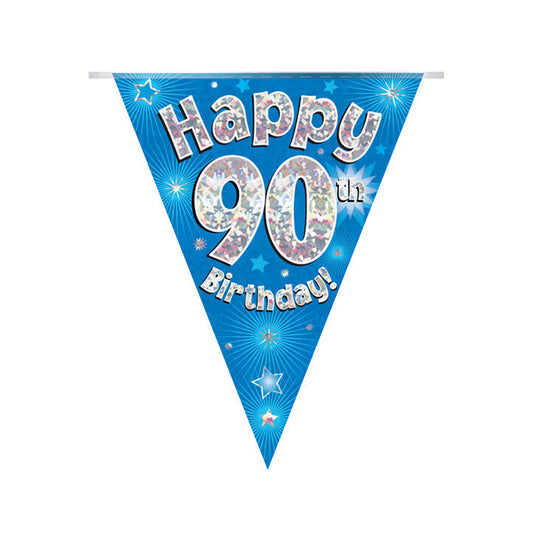 Blue & Silver Holographic Birthday Flag Bunting For A 90th Birthday