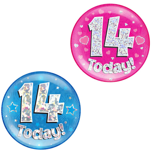 14th Birthday Badge - 6" (152mm) Bling Badge In Either Pink Or Blue - Perfect For The Birthday Girl Or Boy - Badge Says "14 Today"