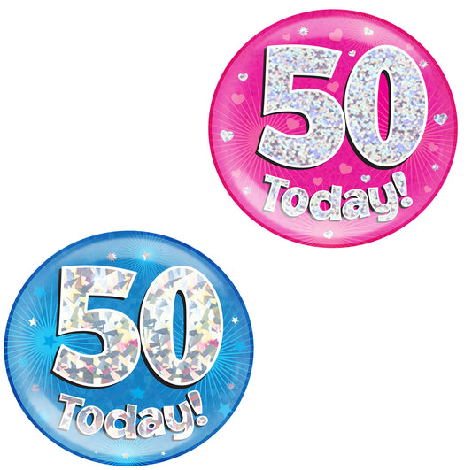 50th Birthday Badge - 6" (152mm) Bling Badge In Either Pink Or Blue - Perfect For The Birthday Girl Or Boy - Badge Says "50 Today"