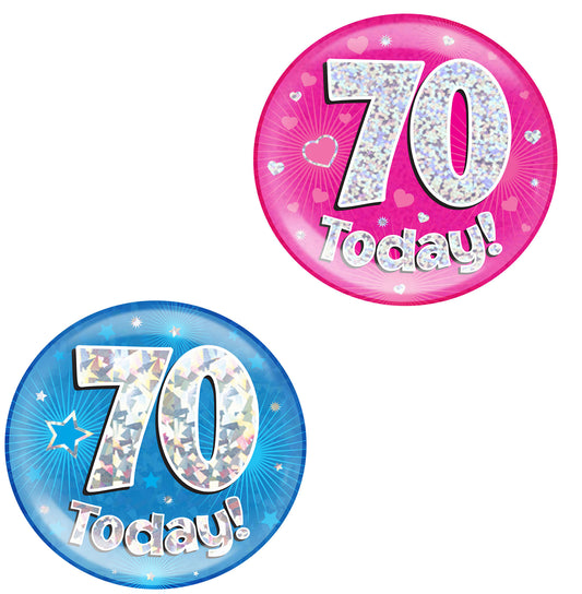 70th Birthday Badge - 6" (152mm) Bling Badge In Either Pink Or Blue - Perfect For The Birthday Girl Or Boy - Badge Says "70 Today"
